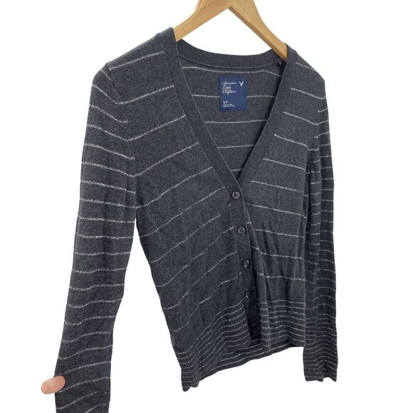 American Eagle Sweater Womens Small Cropped Gray Metallic Striped Cardigan Knit - Picture 3 of 7